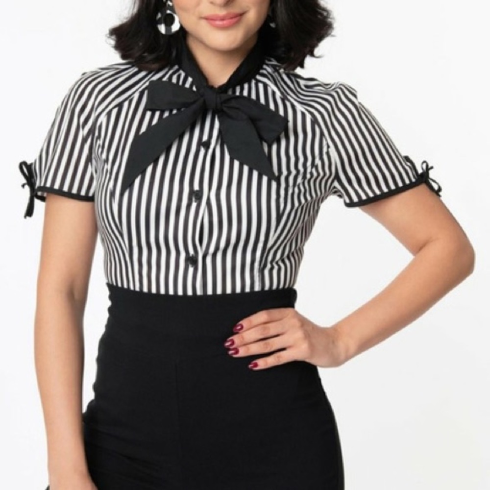 Unique Vintage B&W Stripe Bow Tie Chita Blouse